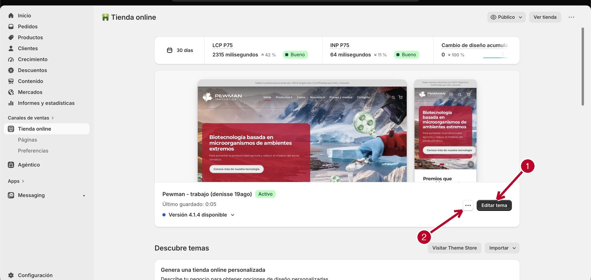 Pantalla Tienda online con el botón Editar tema señalado
