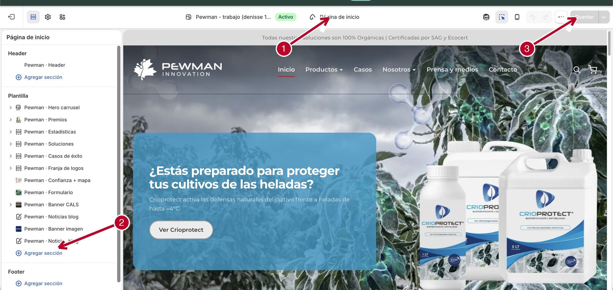 El editor con flechas al selector de página, Agregar sección y Guardar