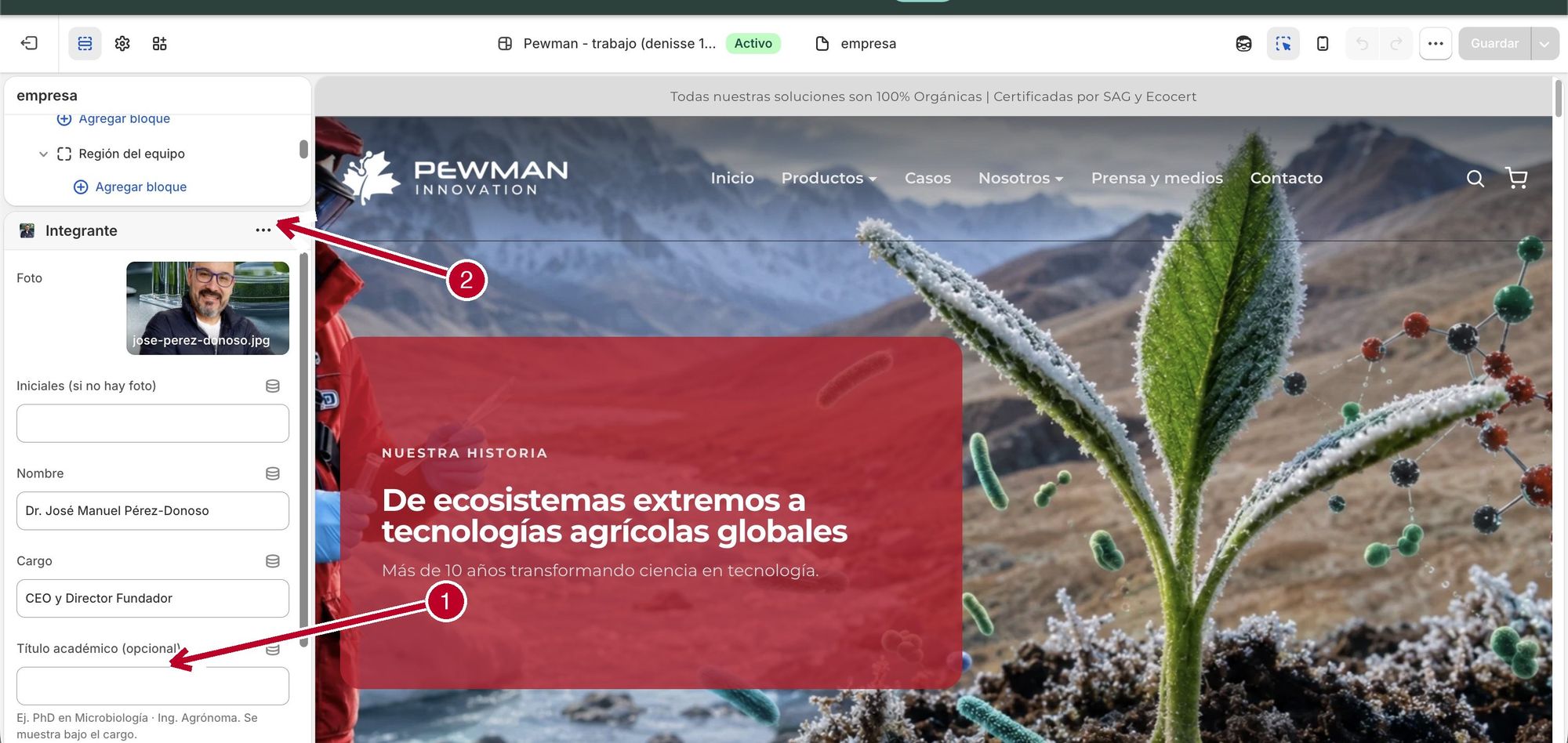 Panel de un Integrante con el campo Título académico señalado