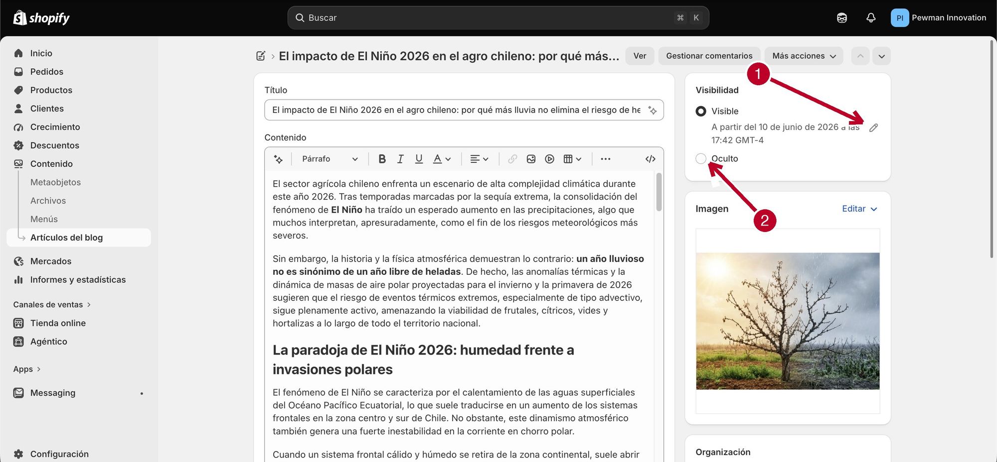 Editor de un artículo con el lápiz de la fecha señalado