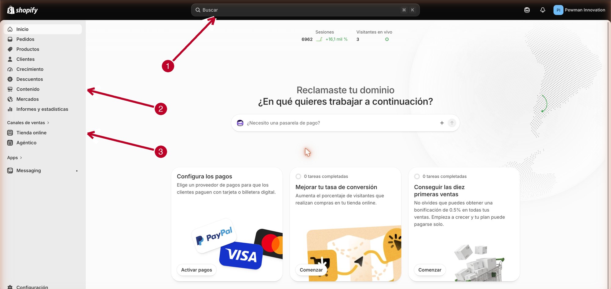 Panel de administración de Shopify con el buscador y el menú lateral señalados