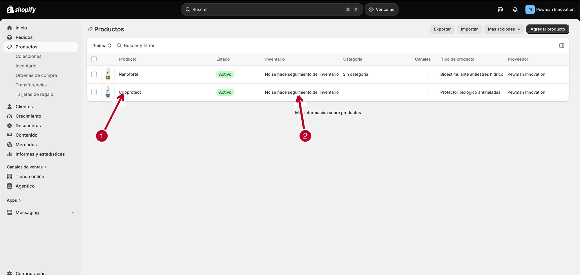 Lista de productos del panel con Crioprotect y Nanoforte