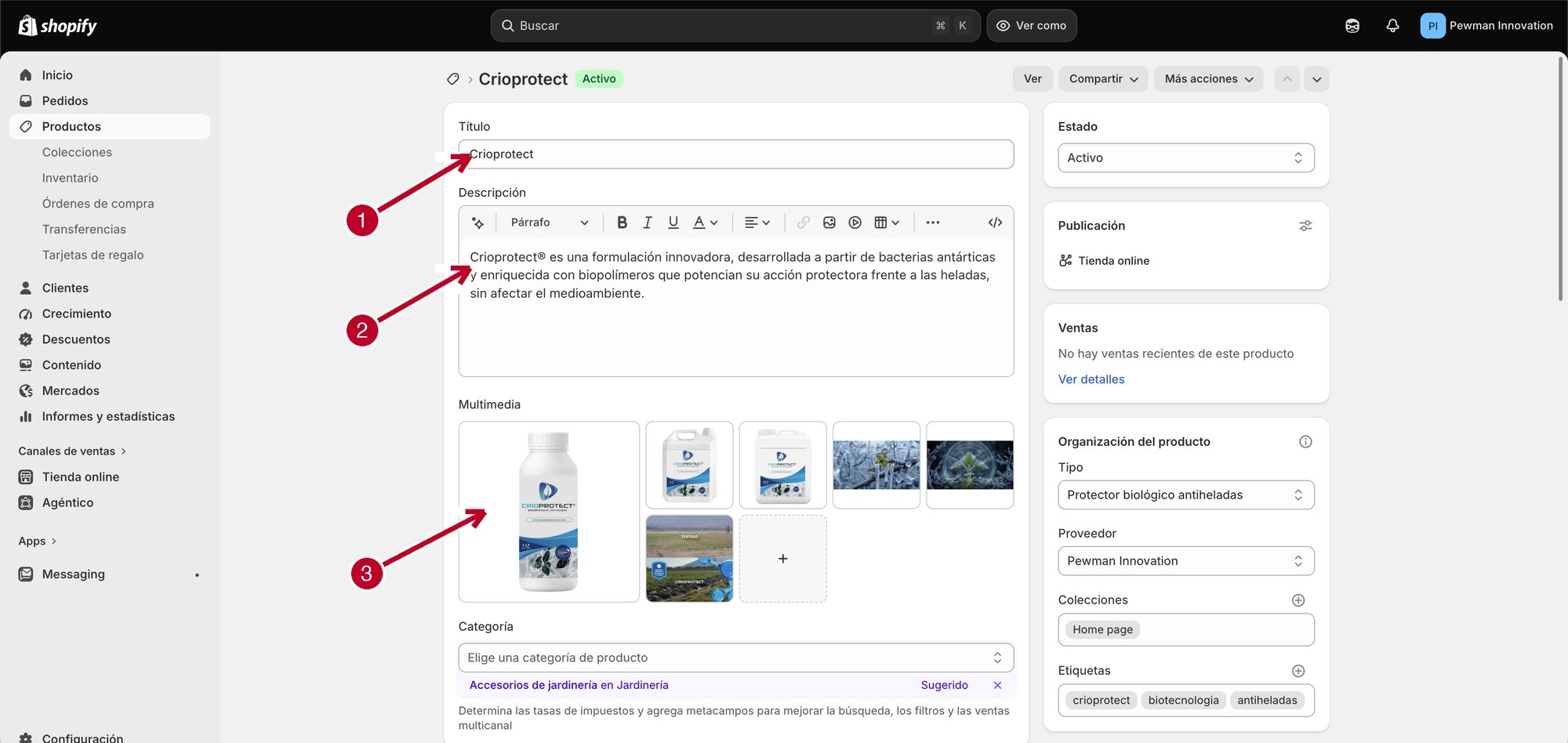Parte superior de la ficha de Crioprotect con Título, Descripción y Multimedia