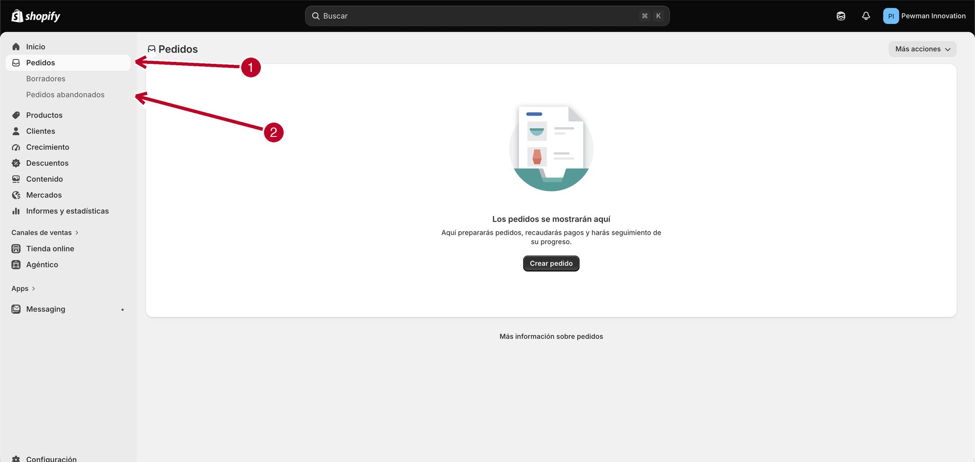 Pantalla de Pedidos del panel, todavía sin ventas registradas